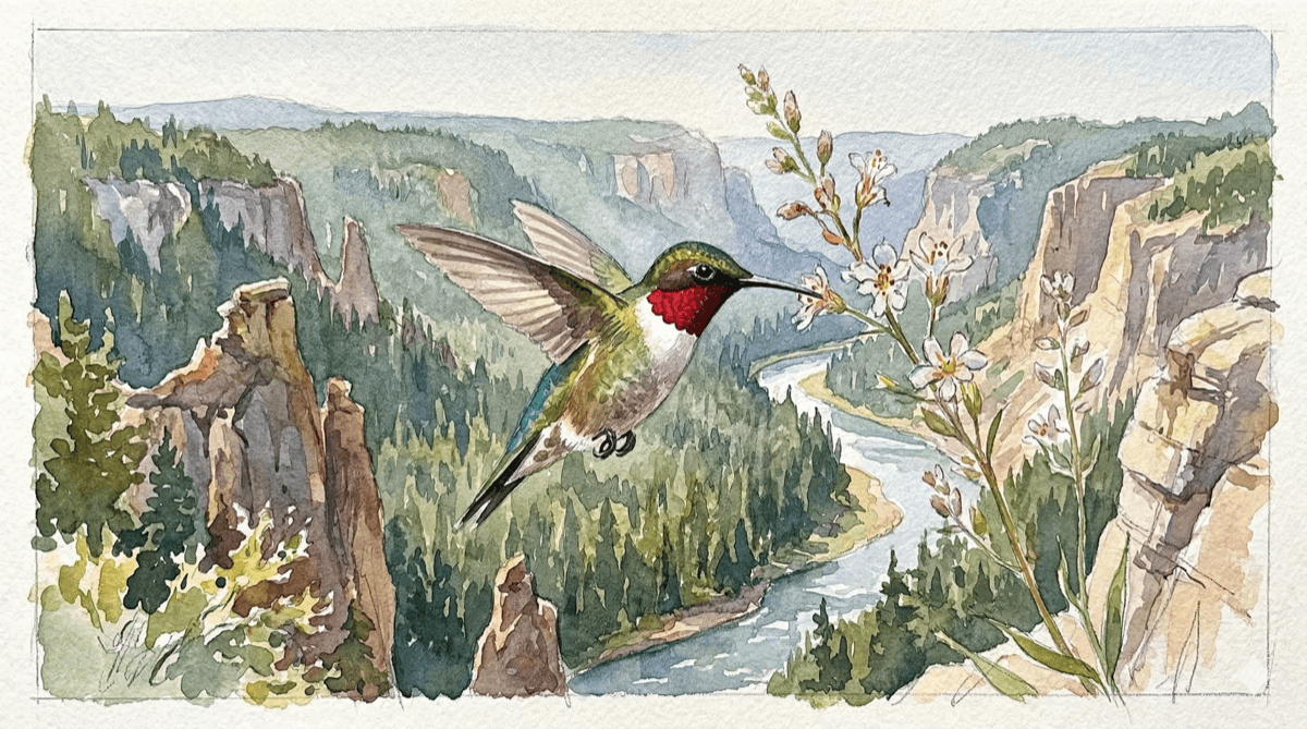 Watercolor illustration of a Ruby-throated Hummingbird hovering over a mountain river canyon