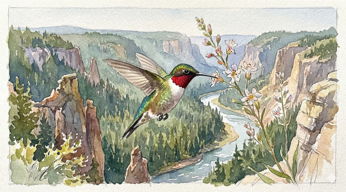 Watercolor illustration of a Ruby-throated Hummingbird hovering over a mountain river canyon